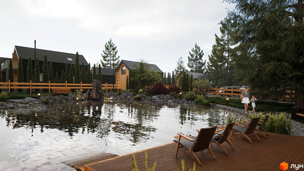 Котеджне містечко КМ Схили: сучасні будинки з чорними дахами та дерев'яними фасадами біля водойми з шезлонгами.