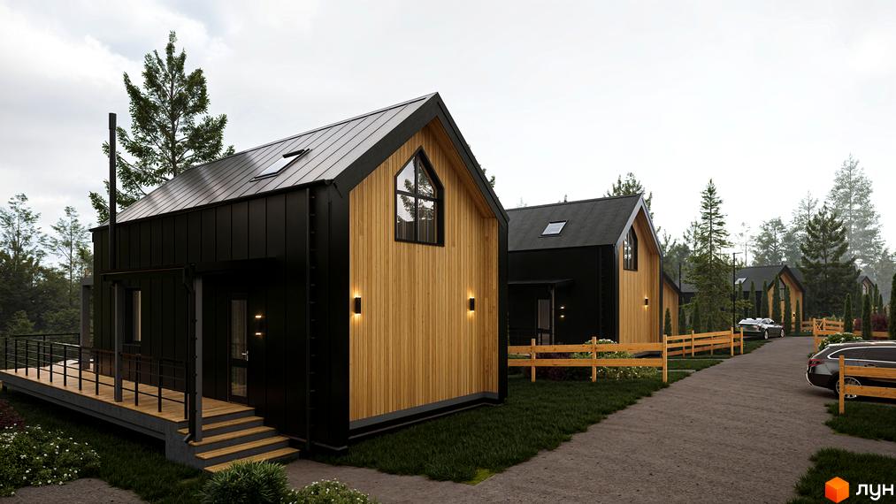 Котеджне містечко КМ Схили: сучасні будинки з дерев'яним оздобленням та чорною металевою покрівлею, розташовані серед дерев. Прибудинкова територія з доглянутим газоном та дорогою.