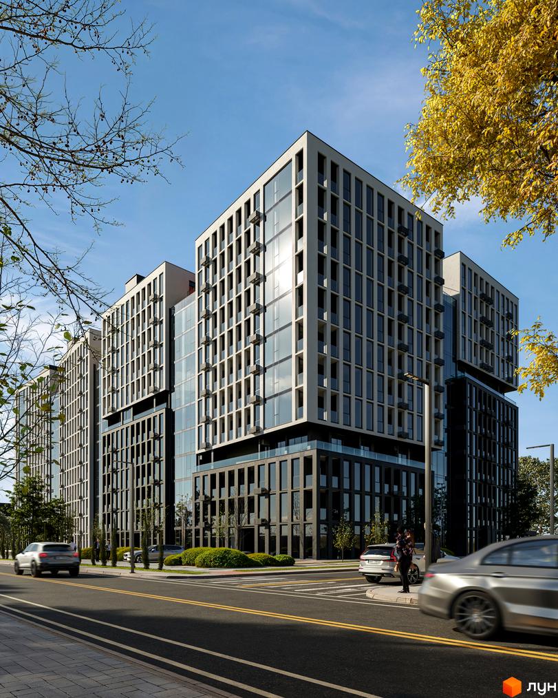 Багатоповерхові будинки Житлового комплексу Nova City з світлими та темними фасадами. Перед ними дорога, тротуар та зелені насадження.