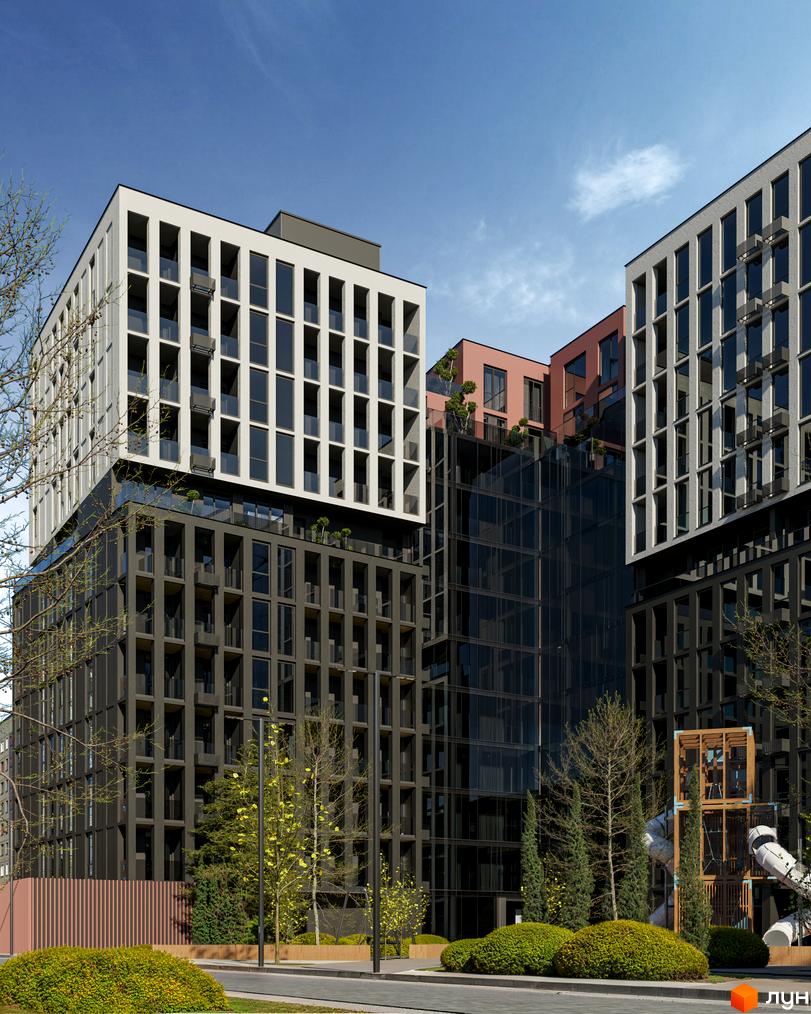 Житловий комплекс Nova City з фасадами світлих та темних кольорів, великими вікнами. На території є зелені зони та ігровий майданчик.