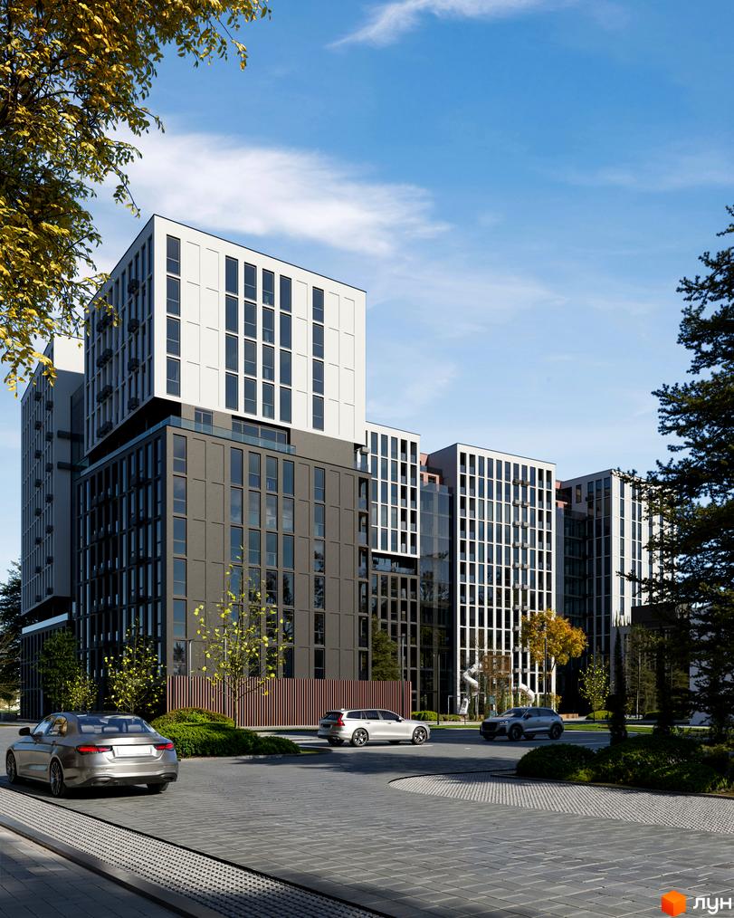 Житловий комплекс Nova City - це сучасна архітектура з великою кількістю вікон та простора прибудинкова територія з зеленими насадженнями та зонами відпочинку.