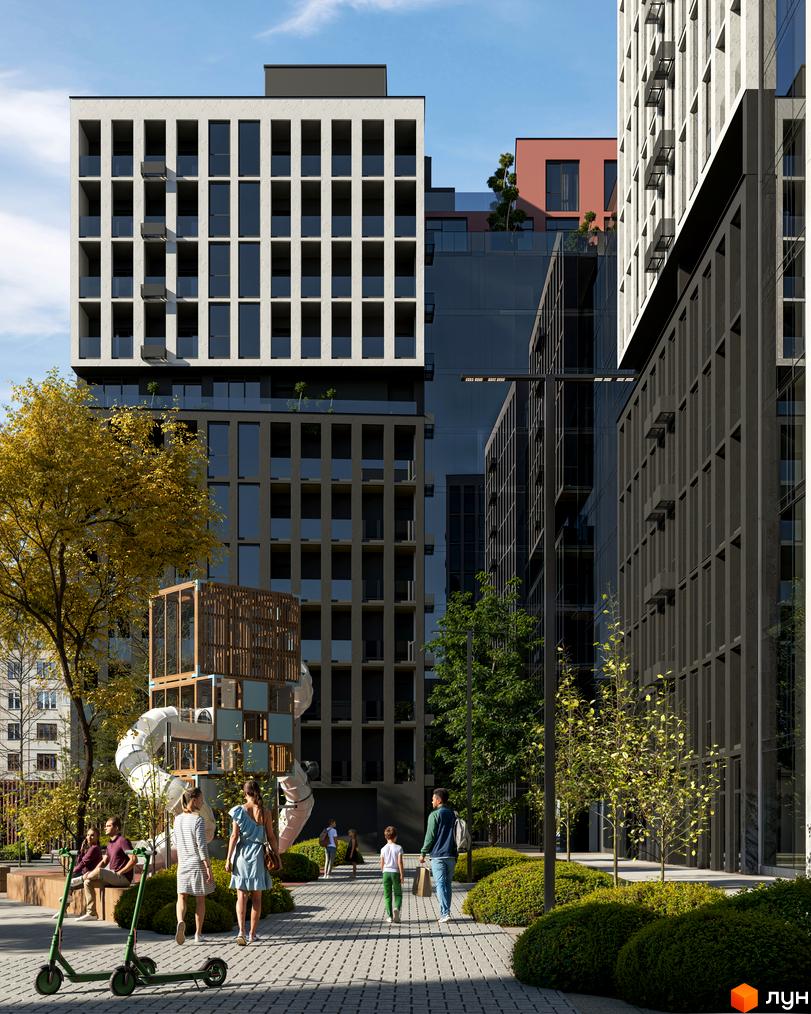 Житловий комплекс Nova City з багатоповерховими будинками світлого та темного кольорів, оточений зеленими насадженнями, доріжками та дитячим майданчиком.