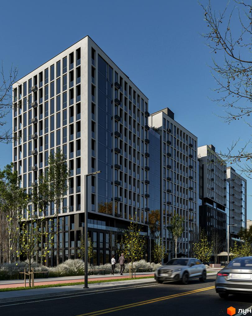 Житловий комплекс Nova City - це сучасна новобудова з фасадами, оздобленими великою кількістю вікон та скляними елементами. Навколо комплексу облаштована прибудинкова територія з деревами та місцями для відпочинку.