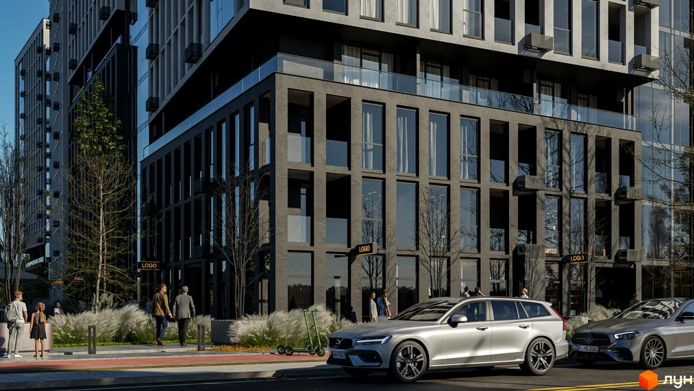Житловий комплекс Nova City з темними фасадами та скляними елементами, з автомобілями та пішоходами на фоні міського пейзажу.