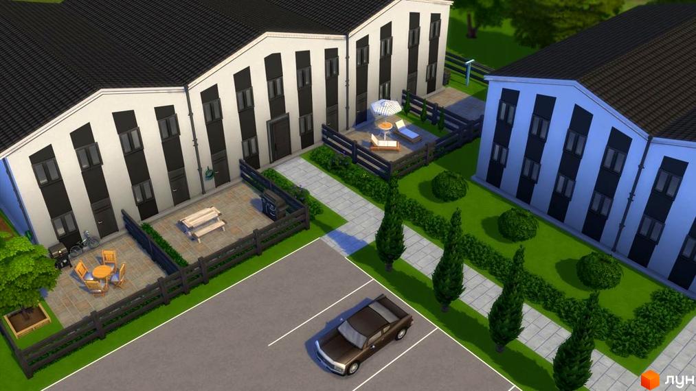 Житловий комплекс Sollo: білі будинки з чорними смугами, тераси з меблями, зелені газони, парковка з автомобілем.