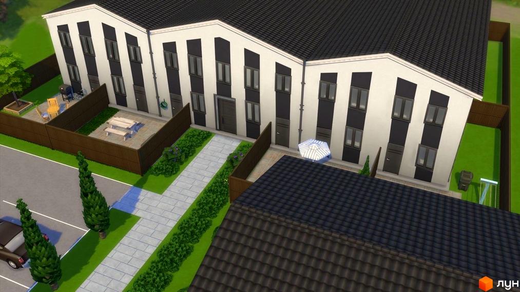 Житловий комплекс Sollo: білі будинки з чорними смугами та темним дахом. На території є доріжки, зелені насадження та місця для відпочинку.