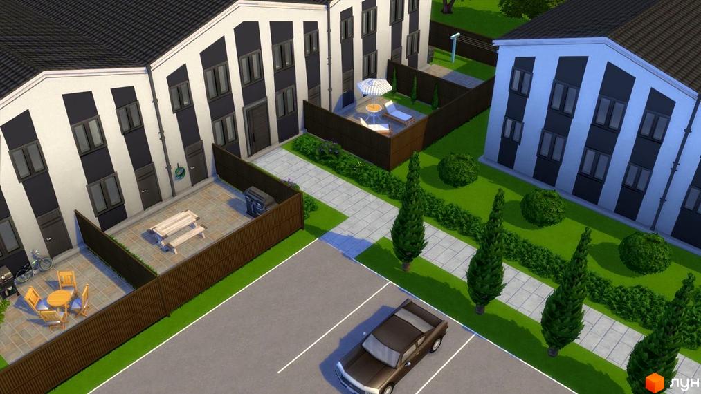 Житловий комплекс Sollo: білі будинки з чорними смугами, тераси з меблями, зелена прибудинкова територія з деревами та парковкою.