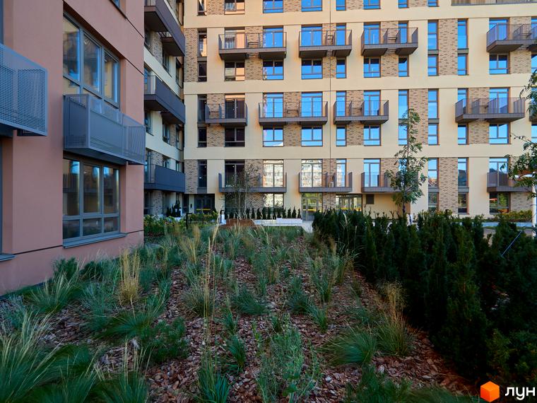 Фасади Новобудови на Вавилових з бежевими, цегляними та рожевими елементами, балконами. Прибудинкова територія озеленена травами та хвойними кущами.