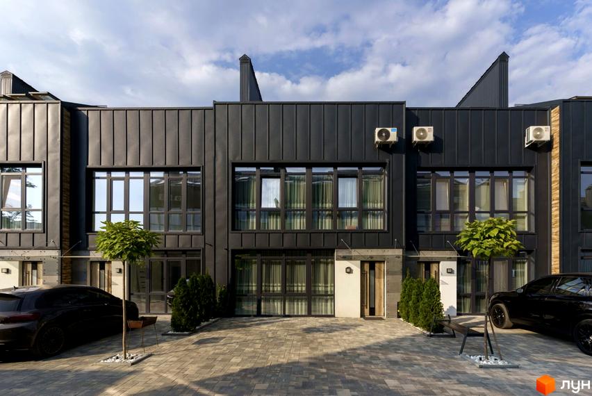 Таунхаус Black edition - сучасна новобудова з великими вікнами та чорним фасадом. Перед будинком розташована бруківка та зелені насадження.