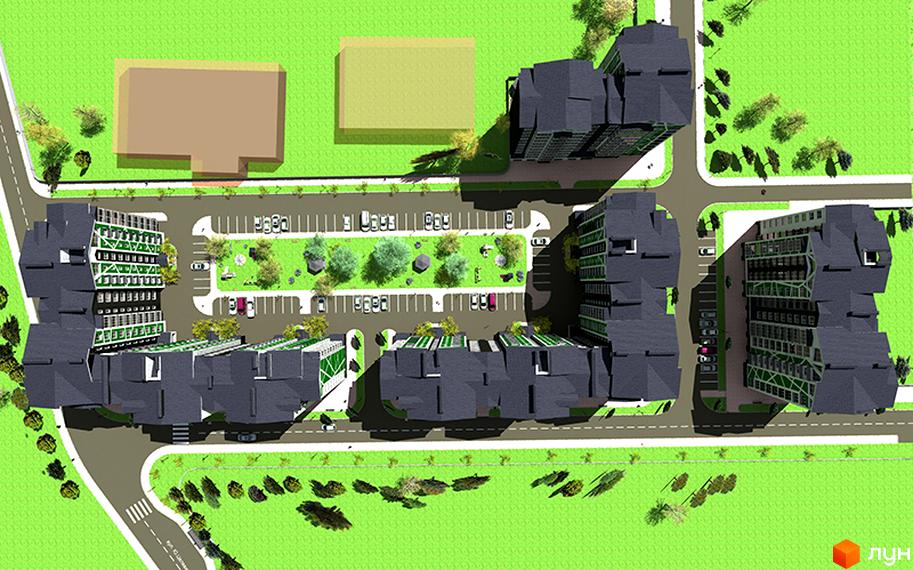 Вигляд зверху на Житловий комплекс Різдвяний: багатоповерхові будинки з темними дахами, парковка та зелена прибудинкова територія з деревами.