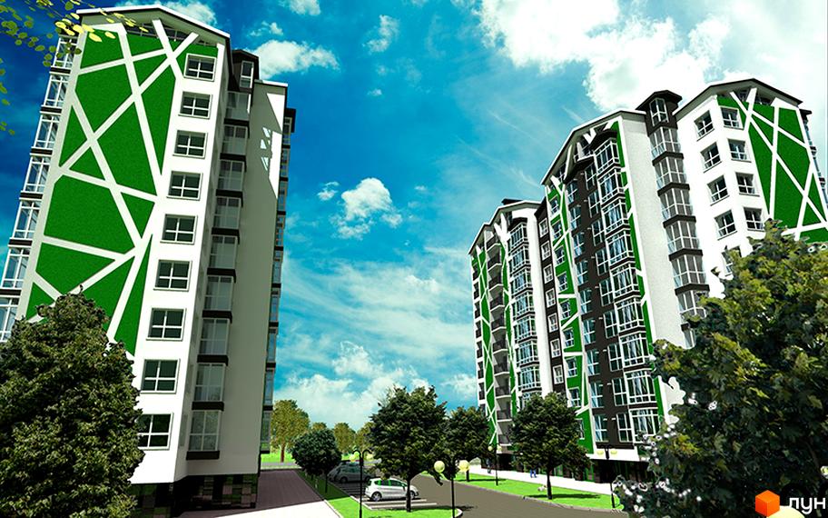 Зображення фасаду та прибудинкової території Житлового комплексу Різдвяний. Багатоповерхові будинки з зеленими вставками на фасаді, дерева, дорога.