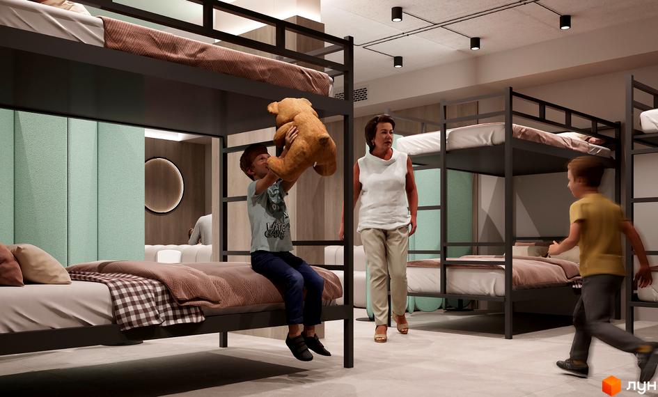 Дитяча кімната з двоярусними ліжками у житловому комплексі NAGIRNIY HOUSE. Зручне облаштування для сімейного проживання.