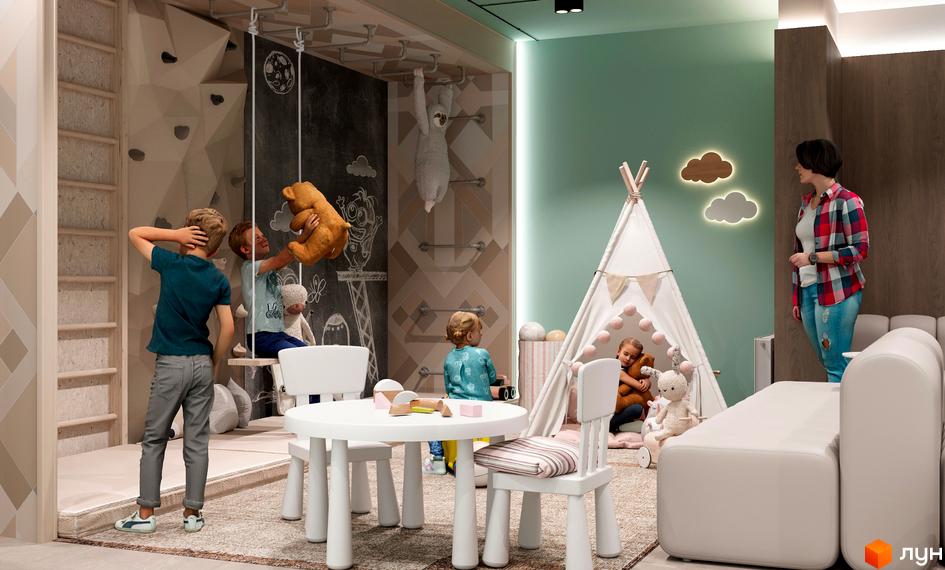 Дитяча ігрова кімната з зоною для скелелазіння та гойдалкою у Житловому комплексі NAGIRNIY HOUSE. Простір для розвитку та ігор дітей.