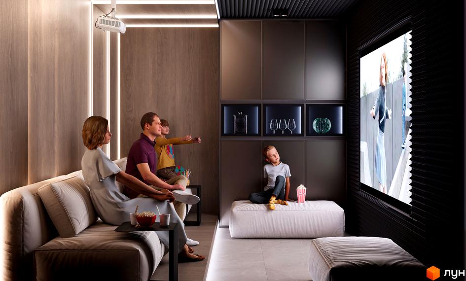 Сім'я дивиться фільм у вітальні з дерев'яними стінами та великим екраном. Житловий комплекс NAGIRNIY HOUSE має затишний інтер'єр.