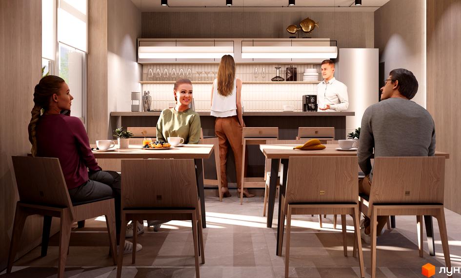 Інтер'єр кухні в Житловому комплексі NAGIRNIY HOUSE з людьми за столом та барною стійкою. Світле приміщення з дерев'яними меблями.
