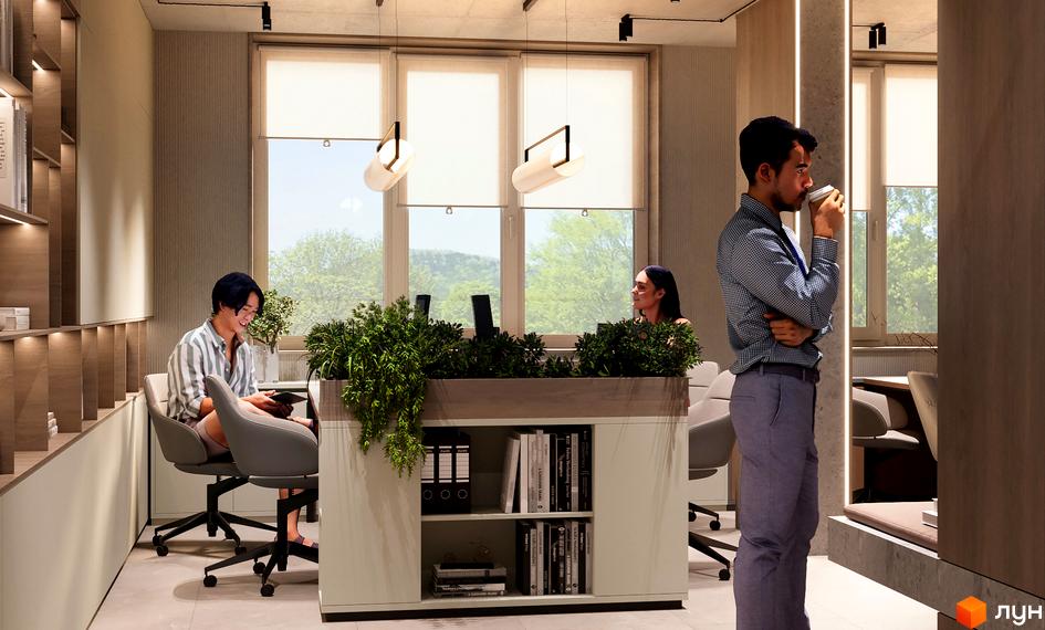 Просторий коворкінг або офісний простір Житлового комплексу NAGIRNIY HOUSE з великими вікнами та зеленими рослинами.