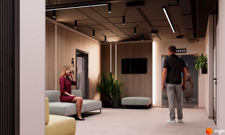 Інтер'єр холу в Житловому комплексі NAGIRNIY HOUSE з відвідувачами. Зона очікування з м'якими меблями та рослинами.