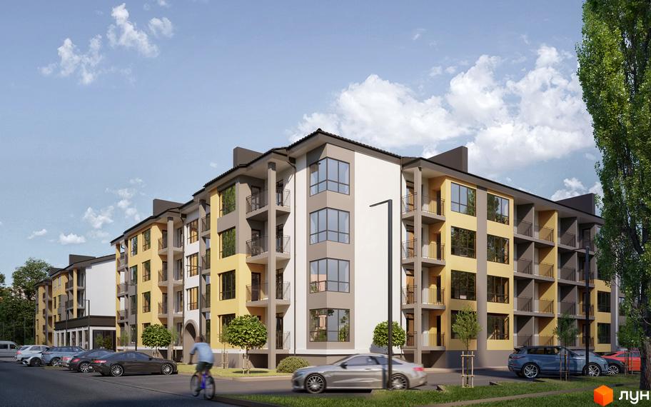 Зображення фасаду та прибудинкової території Житлового комплексу Світло. Багатоповерховий будинок з балконами та парковкою.