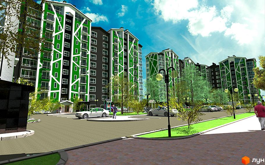 Зображення фасаду та прибудинкової території Житлового комплексу Різдвяний. Багатоповерхівки з зеленими вставками, парковка, тротуарна плитка.