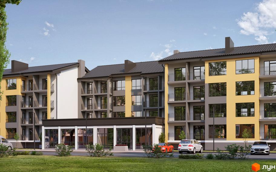 Житловий комплекс Світло: багатоповерхова будівля з жовто-сірим фасадом та балконами. Перед будинком є парковка та зелені насадження.