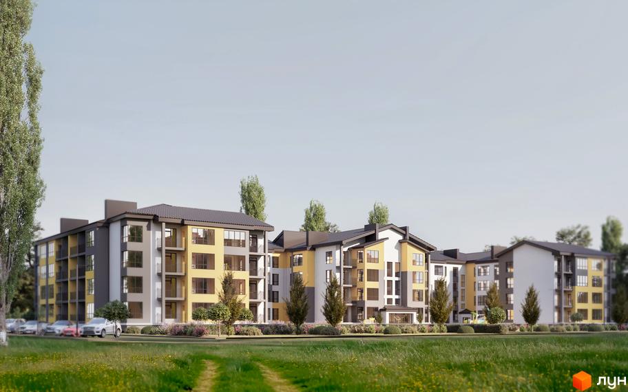 Житловий комплекс Світло: багатоквартирні будинки з різнокольоровими фасадами, прилегла територія з газонами, деревами та парковкою.