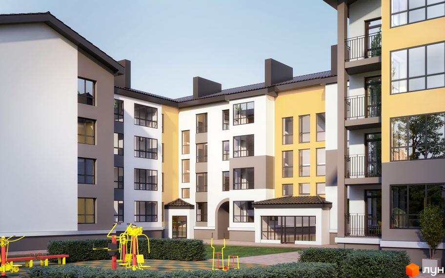 Житловий комплекс Світло: багатоповерховий будинок з фасадами білого, сірого та жовтого кольорів. На прибудинковій території розташовані зелені насадження та спортивний майданчик.