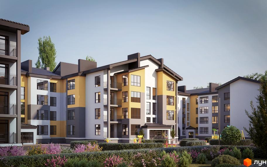 Зображення фасаду та прибудинкової території Житлового комплексу Світло. На передньому плані зелені насадження та квіти.