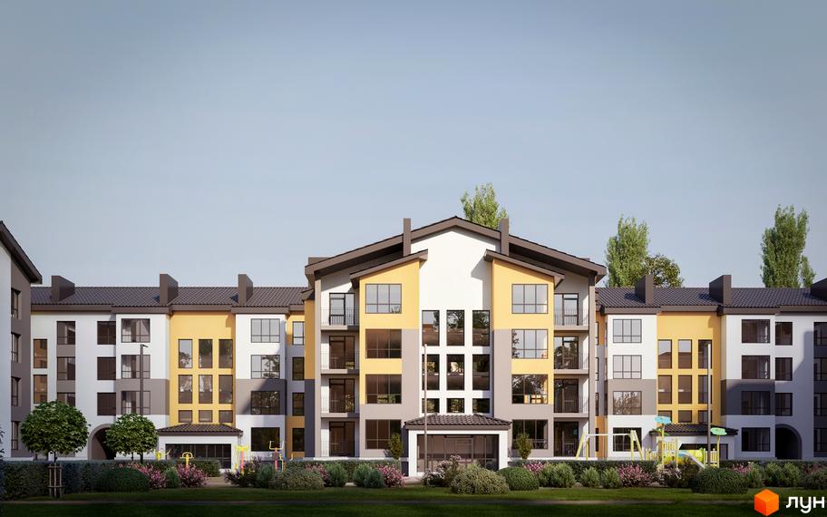 Зображення фасаду Житлового комплексу Світло. На передньому плані зелений газон та кущі.