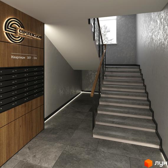 Інтер'єр під'їзду в Житловому комплексі Європейський з поштовими скриньками та сходами. Вигляд вхідної групи та сходового майданчика.