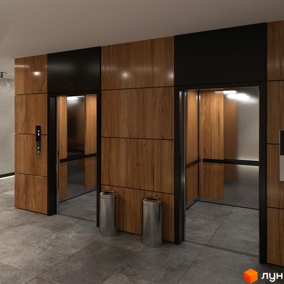 Фото ліфтової зони в Житловому комплексі Європейський. Два ліфти з дерев'яним оздобленням і металевими сміттєвими баками.