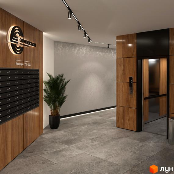 Сучасний хол житлового комплексу Європейський з поштовими скриньками та ліфтом. Вхідна група новобудови з дерев'яним оздобленням та рослиною.