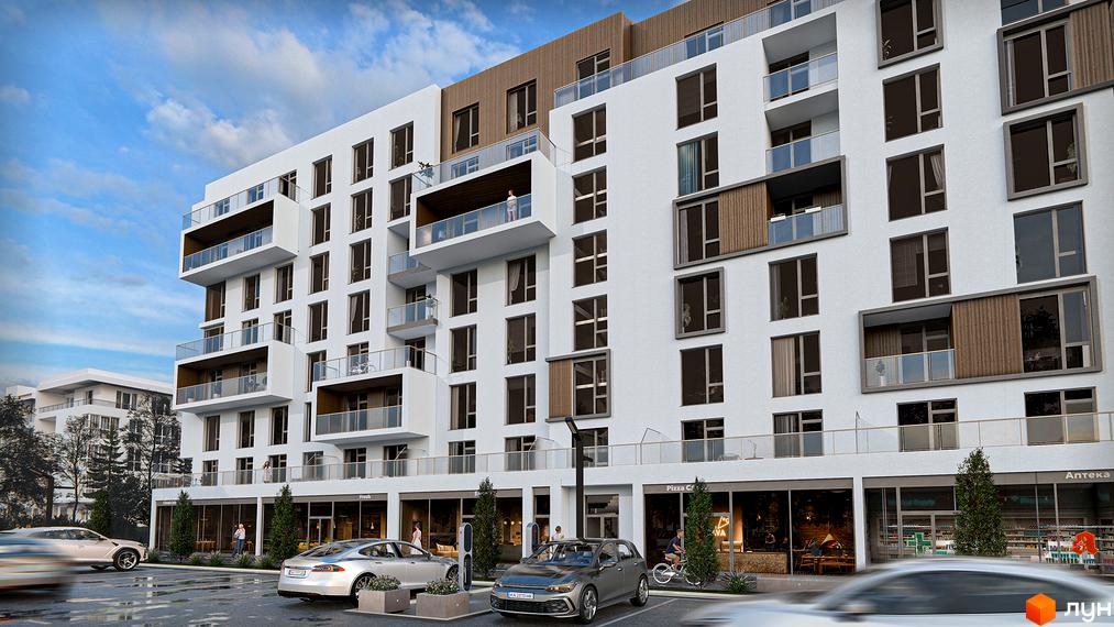 Зовнішній вигляд житлового комплексу CONTINENT MODERN з білими фасадами, скляними балконами та дерев'яними елементами. На прибудинковій території розташовані паркувальні місця та зелені насадження.