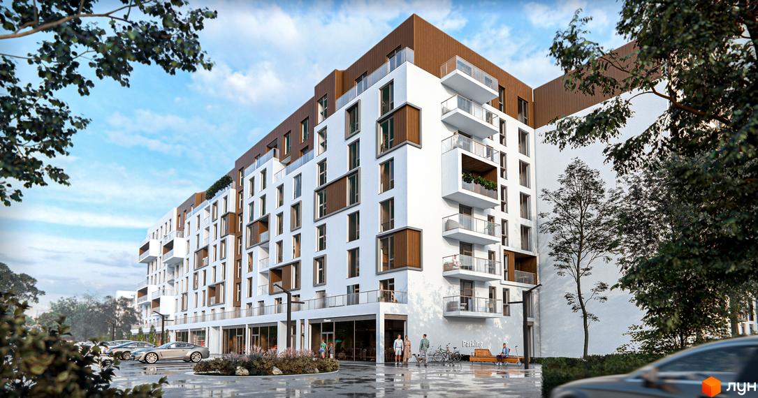 Зовнішній вигляд житлового комплексу CONTINENT MODERN з білими фасадами, дерев'яними елементами та балконами. Прибудинкова територія з парковкою та зеленими насадженнями.