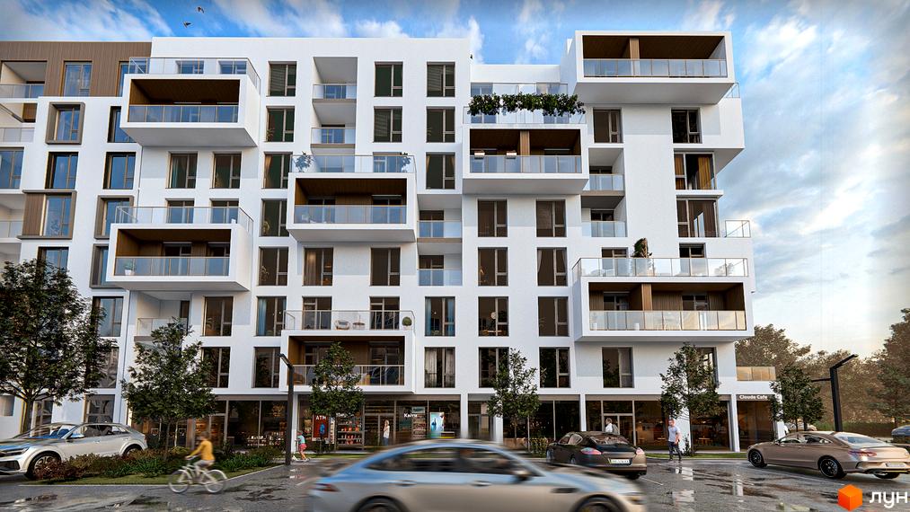 Фасад новобудови ЖК CONTINENT MODERN з балконами та панорамними вікнами, прибудинкова територія з деревами та міським життям.