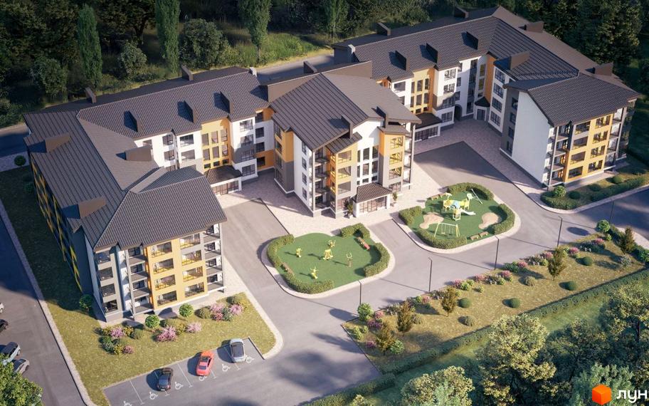 Зображення Житлового комплексу Світло з виглядом на будівлю та дитячий майданчик. Навколо будинку зелені насадження та парковка.