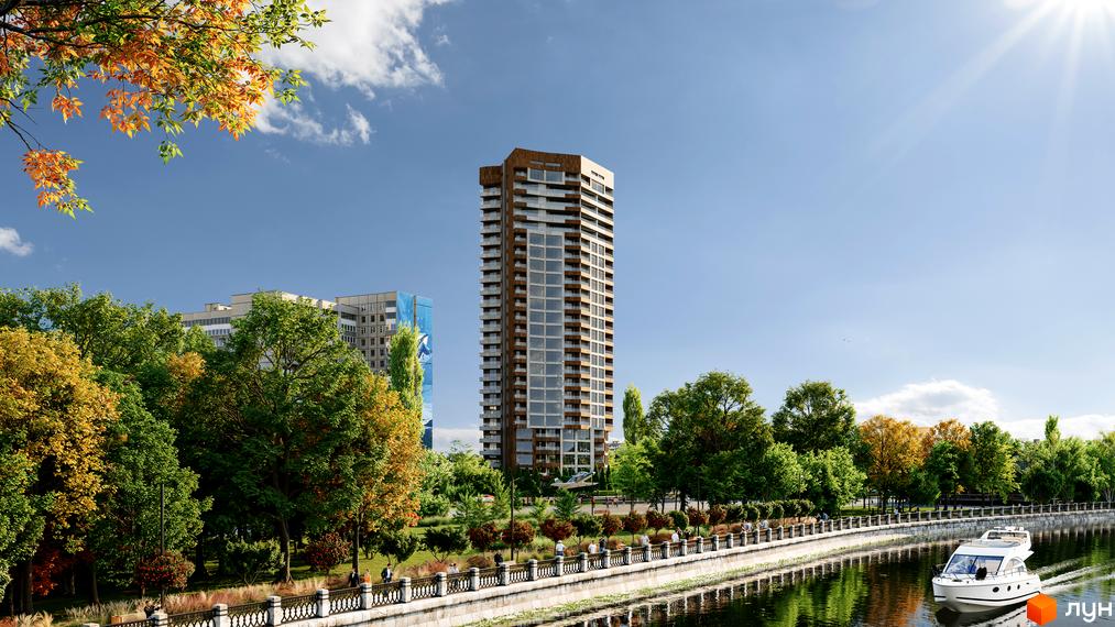 Житловий комплекс Grand Tower - висотна новобудова з панорамними вікнами та балконами, розташована біля річки з парковою зоною та пішохідною набережною.
