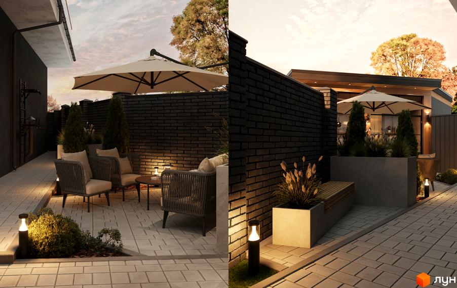 L14. Home in Pechersk: затишна тераса з плетеними меблями та парасолькою біля будинку. Навколо цегляний паркан, освітлення та зелені насадження.