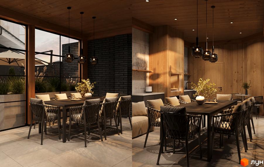 Інтер'єр їдальні в житловому комплексі L14. Home in Pechersk з великими вікнами та цегляною стіною.