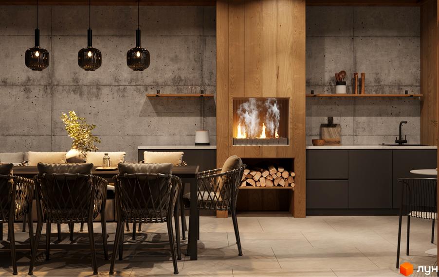 Інтер'єр вітальні з каміном та обідньою зоною в комплексі L14. Home in Pechersk. Сучасний дизайн з бетону та дерева.