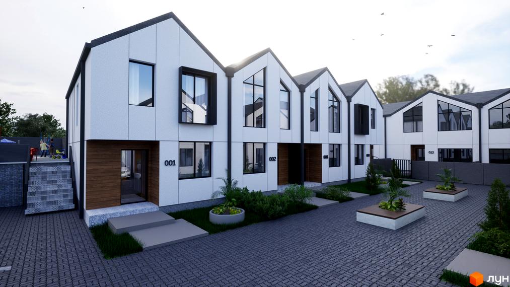 Таунхауси ДивоТаун з білими фасадами та темними дахами, розташовані на брукованій території з зеленими насадженнями та дитячим майданчиком.