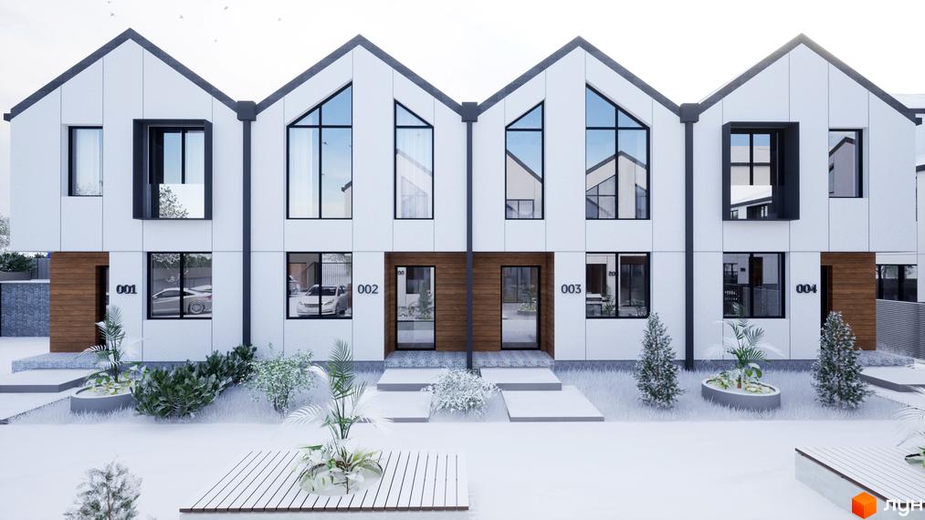 Ряд таунхаусів „ДивоТаун“ з білими фасадами, темними віконними рамами та гостроверхими дахами. Територія облаштована зеленими насадженнями та пішохідними доріжками.