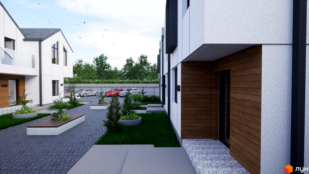 Таунхауси „ДивоТаун“ з білим фасадом та дерев'яними елементами, перед якими розташований доглянутий двір з лавками та зеленими насадженнями.