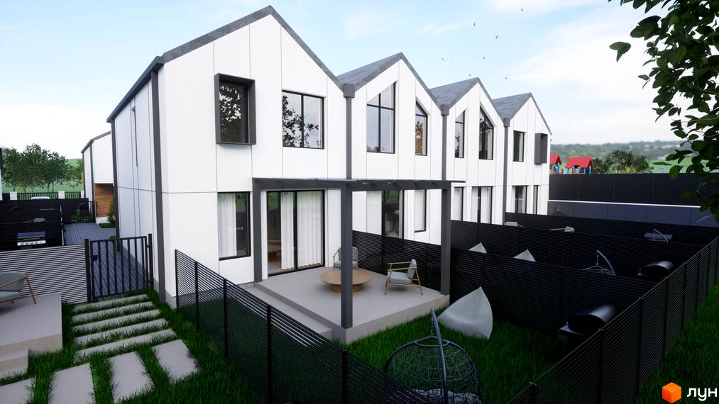 Ряд білих таунхаусів ДивоТаун з темними дахами та вікнами. Прибудинкова територія включає зелений газон, патіо з меблями та зону барбекю.