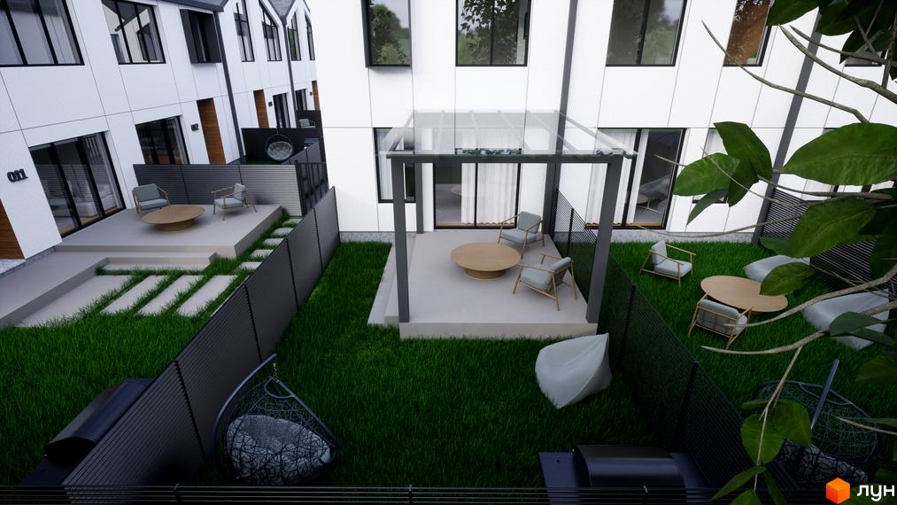 Таунхауси ДивоТаун з білими фасадами та великими вікнами, з терасою, зеленою галявиною та зонами відпочинку.