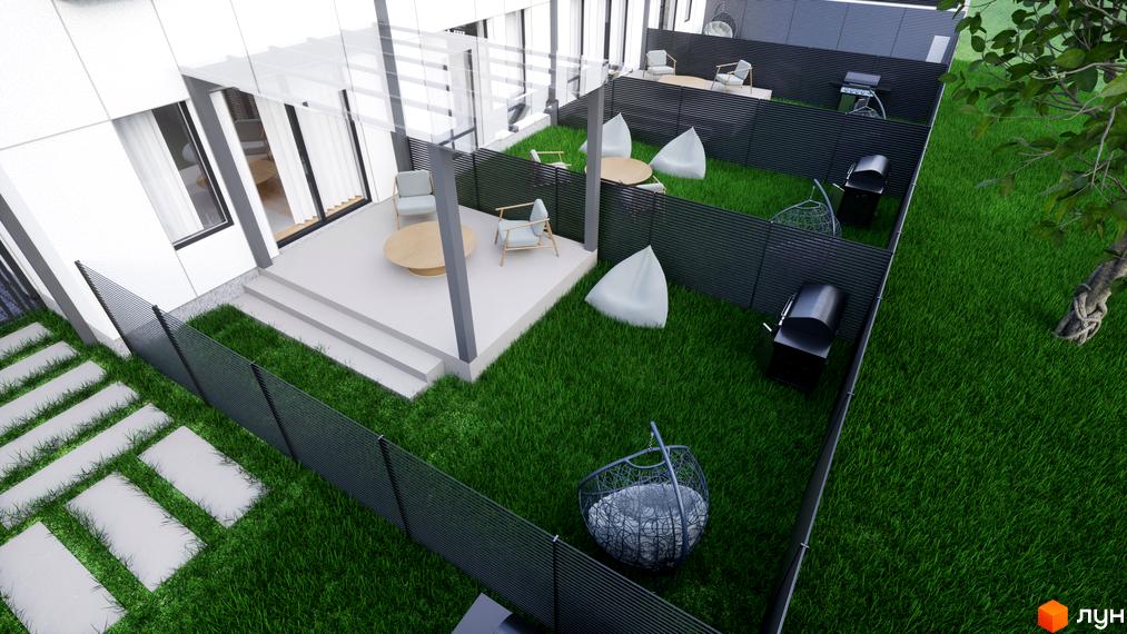 Таунхауси ДивоТаун: сучасний екстер'єр будинку з великими вікнами та просторою прибудинковою територією з газоном, зонами відпочинку та барбекю.