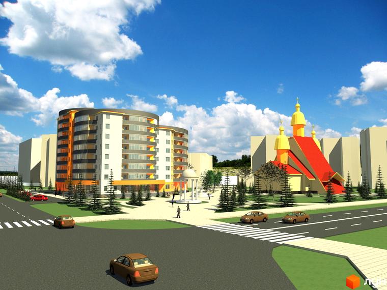 Зображення житлового комплексу на вул. Миколайчука, 6. Багатоповерховий будинок з балконами та прилегла територія з дорогою та зеленими насадженнями.