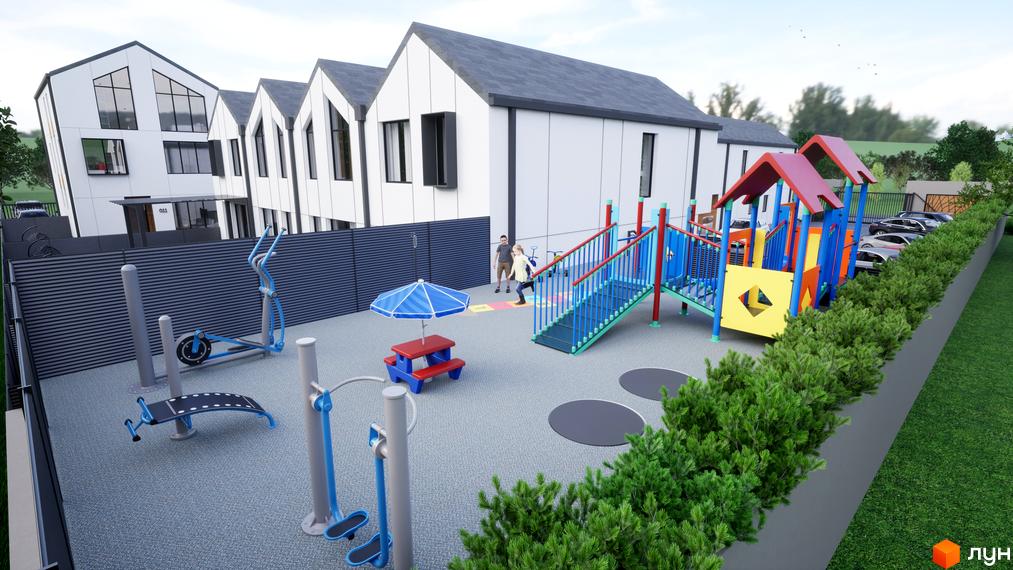 Таунхауси ДивоТаун з дитячим майданчиком та зоною для спорту. Сучасні будинки з білим фасадом та темним дахом.