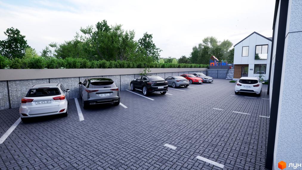 Таунхауси „ДивоТаун“: Білий таунхаус з темним дахом та великими вікнами, перед яким розташований вимощений паркінг та зелена зона з дитячим майданчиком.