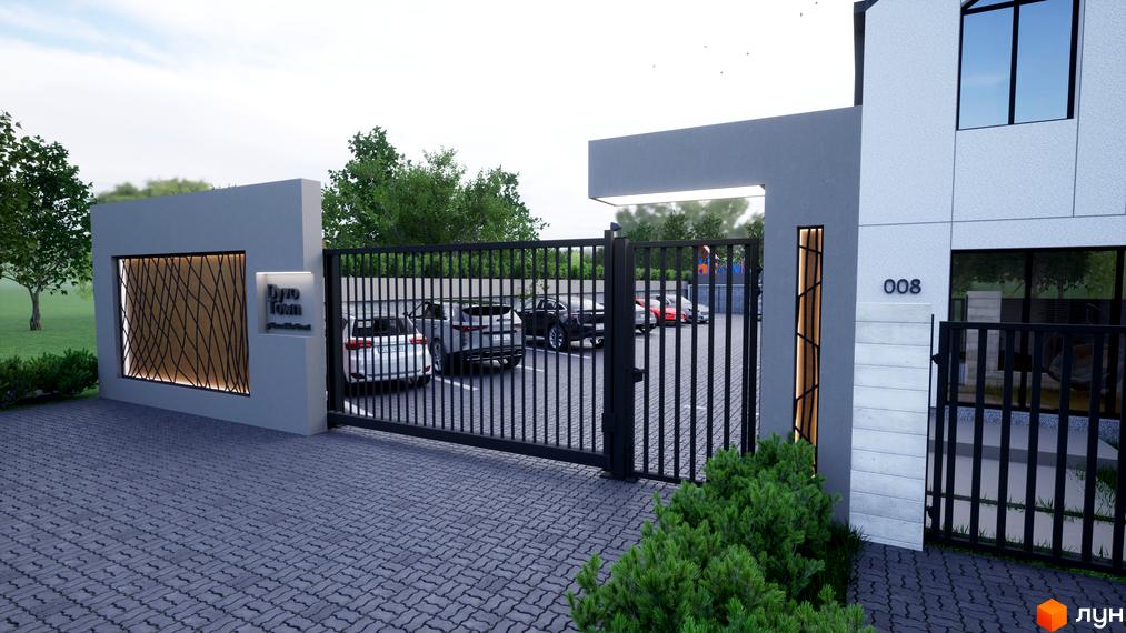 Таунхауси „ДивоТаун“: сучасний вхід з автоматичними воротами та паркуванням. Оцініть фасади та прибудинкову територію комплексу.