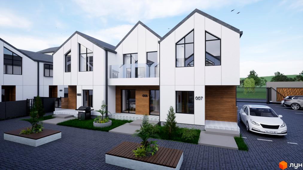 Білі таунхауси „ДивоТаун“ з темними дахами та дерев'яними елементами на фасаді. Перед ними брукований двір з озелененням та парковкою.